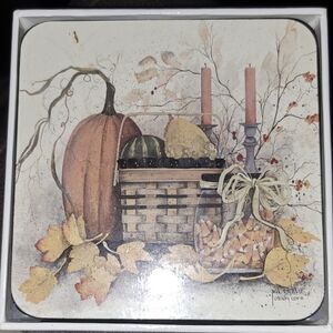 New Pat Richter Set of 6 Art Coasters Fall Pumpkin "CANDY CORN" ARTIST CORK BACK